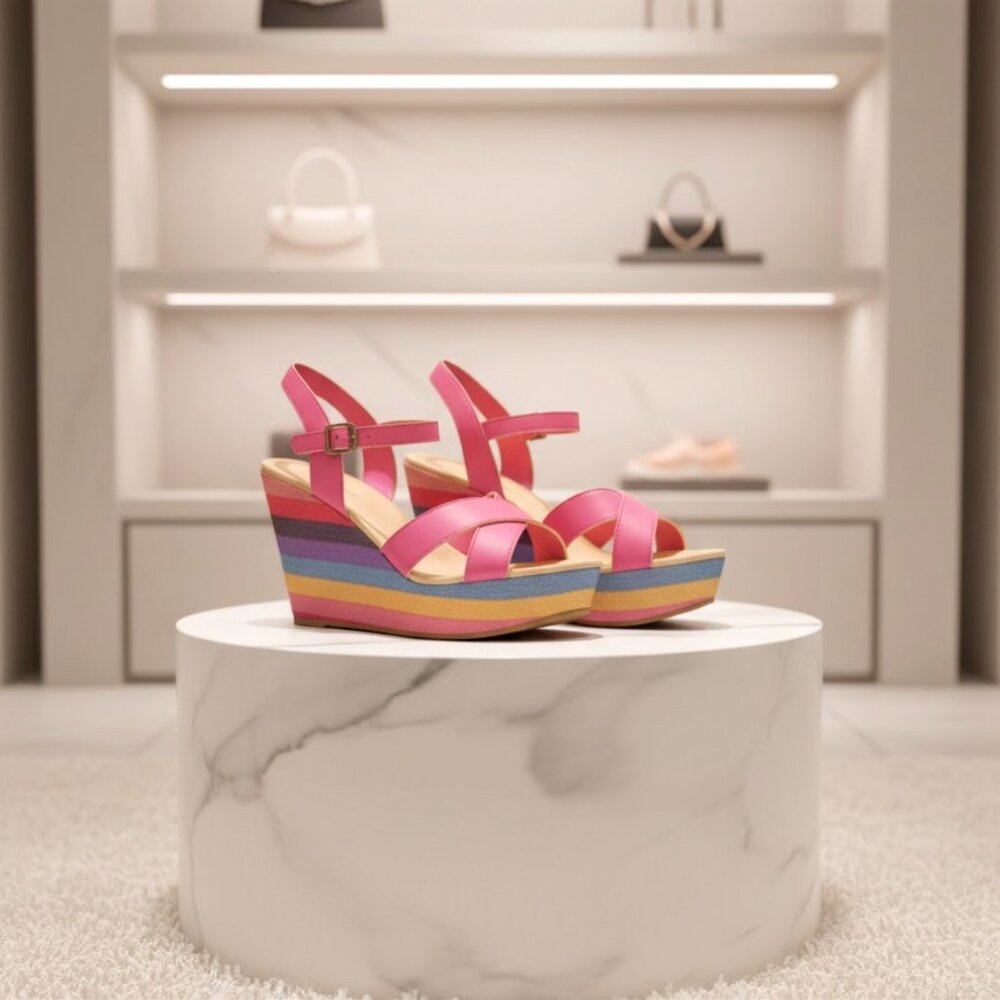 Rose nude pink rainbow striped criss cross wedge sandal 8.5 - 9